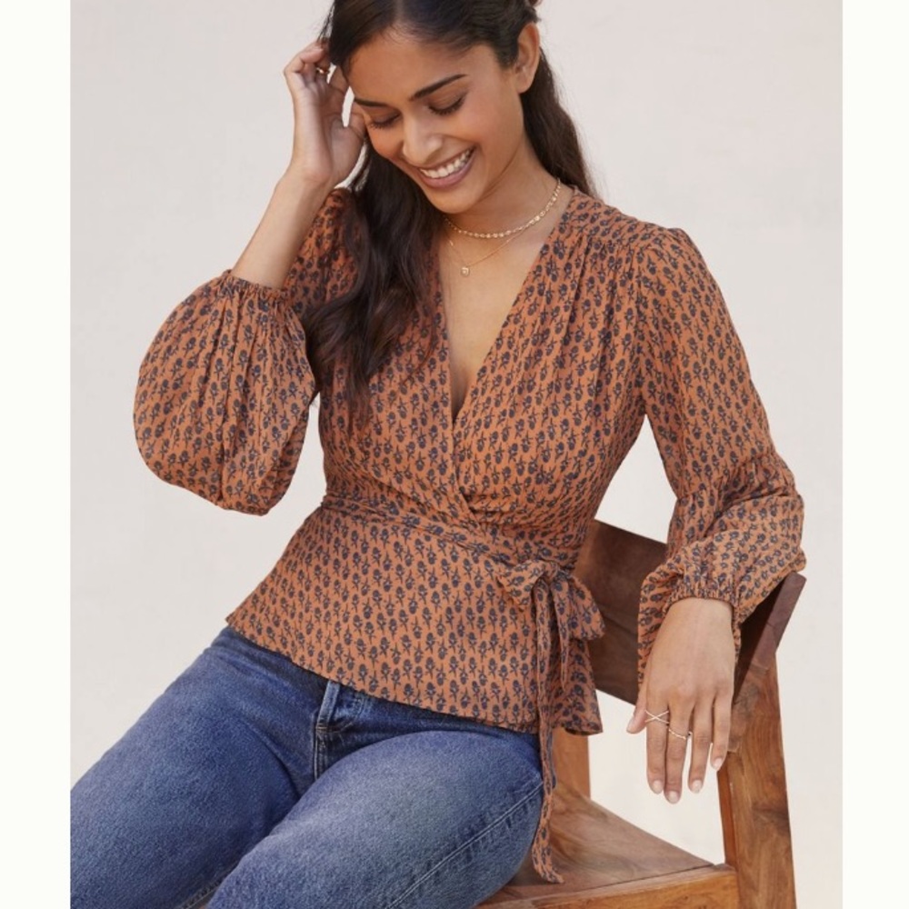 Anthropologie Puff Balloon Sleeve Wrap Top Belted Floral Blouse Medium